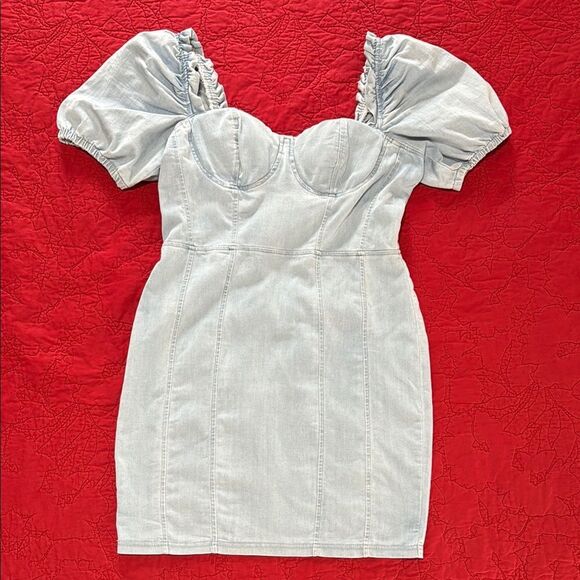 Haute Monde Light Blue Denim Puff Sleeve Mini Dress  Sweetheart Padded Bra Large - Picture 1 of 16